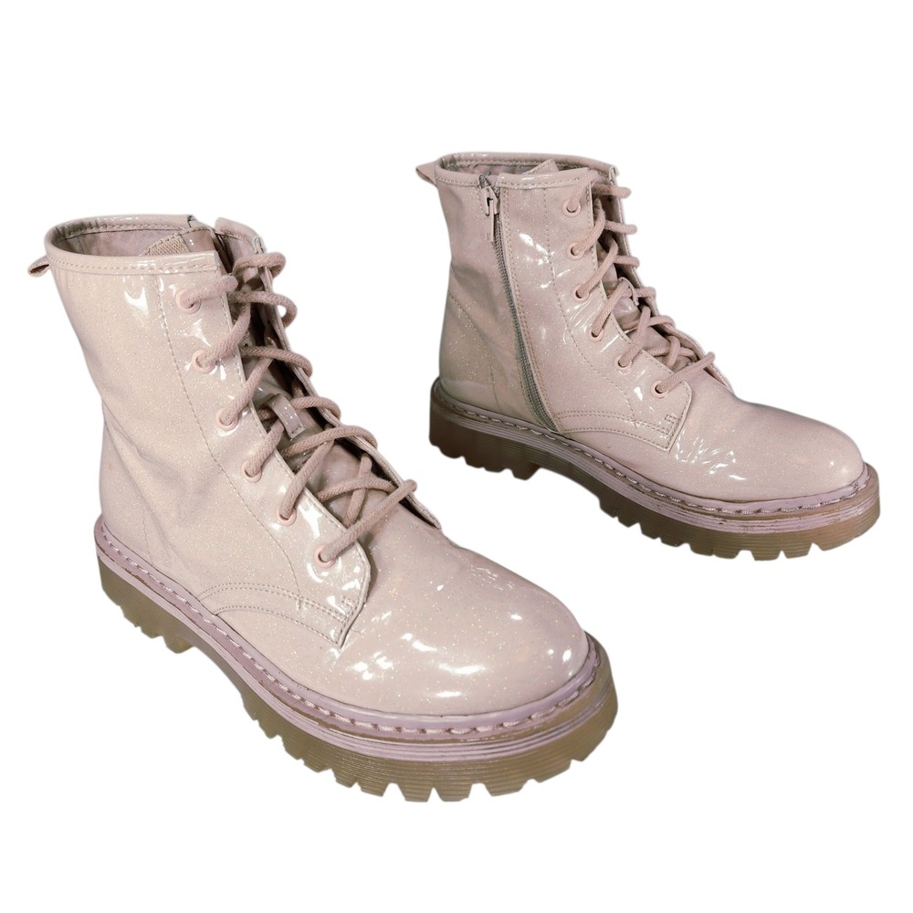Steve Madden‎ Combat Boot 6M Women Dynasti Pink Patent Glitter Chunky Grunge Lug
